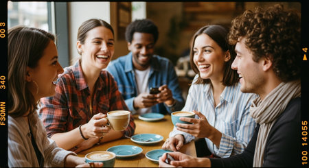 A group of five friends enjoying coffee together at a cafe, laughing and chatting, with cups of coffee on the tableの素材