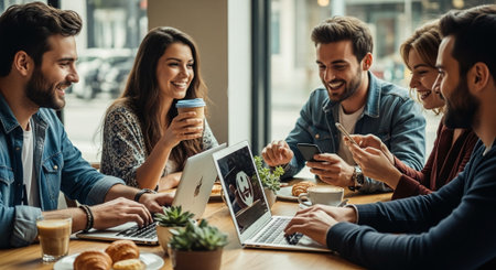 A group of young adults enjoying coffee and pastries at a cafe, engaged in conversation and using laptops and smartphonesの素材