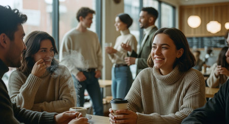 A cozy cafe scene with friends chatting and enjoying coffee, warm atmosphere, people smiling and laughingの素材