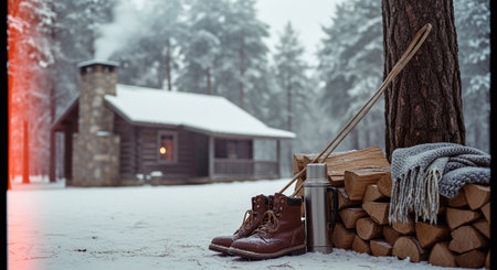 A cozy winter scene featuring a log cabin in a snowy forest, with a pair of brown boots, a thermos, firewood, and a blanket nearbyの素材