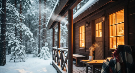 A cozy wooden cabin in a snowy forest, with warm light glowing from the windows and steam rising from a cup on a table outsideの素材