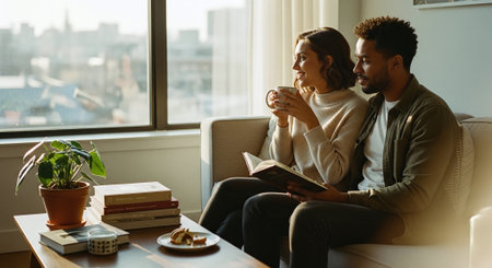 A couple sitting on a couch, enjoying a cozy moment together, with a book and a cup of coffee, in a well-lit room with a city viewの素材