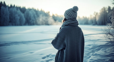 A person standing in a snowy landscape, wearing a warm coat, scarf, and beanie, looking at a winter scene with trees and a frozen lakeの素材