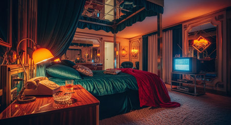 A luxurious bedroom featuring a plush bed with teal bedding, vintage decor, a retro television, and warm lighting creating an inviting atmosphereの素材