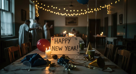 A festive new year celebration scene with a table set for a party, featuring candles, balloons, and a sign that says happy new year.の素材