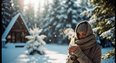 A woman in winter clothing holding a warm drink in a snowy landscape, with trees and a cabin in the backgroundの素材