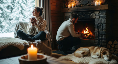 A cozy indoor scene featuring a woman sitting with a mug, a man tending to a fireplace, and a dog resting on a rug, with snow visible outsideの素材