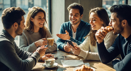 A group of friends enjoying coffee and pastries at a cafe, smiling and interacting with each other, casual atmosphereの素材