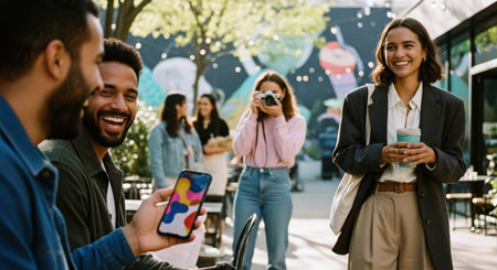 A group of friends enjoying a sunny day outdoors, laughing and taking photos, with a colorful mural in the backgroundの素材