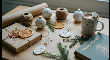 A cozy holiday scene featuring a cup of hot chocolate, decorative ornaments, twine, dried orange slices, and a book titled A Christmas Carol on a wooden tableの素材