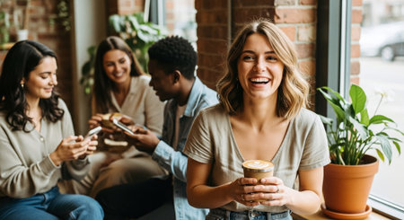 A group of friends enjoying coffee together in a cozy cafe, one woman in the foreground smiling while holding a coffee cup, others engaged with their phonesの素材