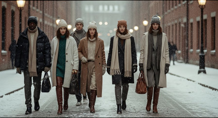 A group of fashionable individuals walking in a snowy urban setting, wearing winter clothing and accessories, showcasing a stylish winter fashion vibeの素材