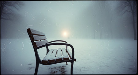 A solitary bench covered in snow, surrounded by a foggy winter landscape, with a soft light glowing in the backgroundの素材