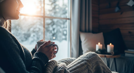 A woman sitting by a window in a cozy room, holding a cup of tea or coffee, wrapped in a blanket, with snow outside and candles lit on a tableの素材