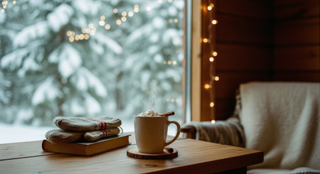 A cozy winter scene with a cup of hot chocolate topped with whipped cream, a stack of books, and mittens on a wooden table, with a snowy landscape visible through a window with fairy lightsの素材