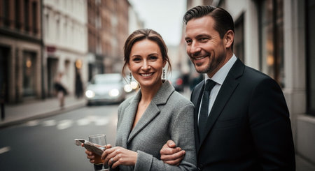 A stylish couple walking on a city street, the woman is smiling and holding a glass, the man is dressed in a suit, urban background, soft lightingの素材