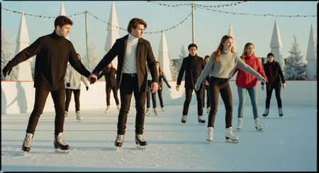 A group of people ice skating on a rink, with a winter landscape in the background, festive decorations and snow-covered treesの素材