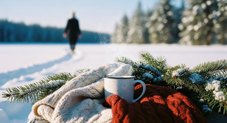 A cozy winter scene featuring a steaming mug on a blanket, surrounded by evergreen branches and snow, with a person walking in the backgroundの素材
