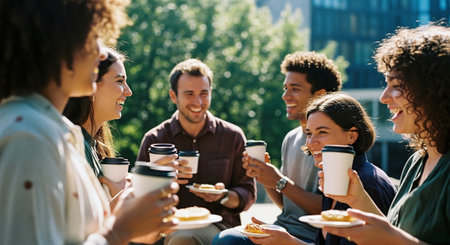 A group of diverse young adults enjoying coffee and pastries outdoors, smiling and engaging in conversation, with greenery in the backgroundの素材