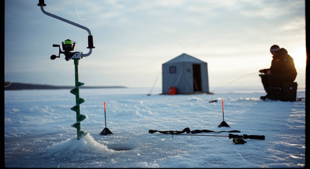 A person fishing through a hole in the ice, with an ice auger and a fishing hut in the backgroundの素材