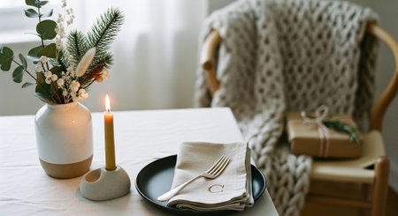 A cozy dining setup featuring a vase with greenery, a lit candle, a plate with a fork, and a neatly folded napkin on a table, with a knitted throw and a gift in the backgroundの素材