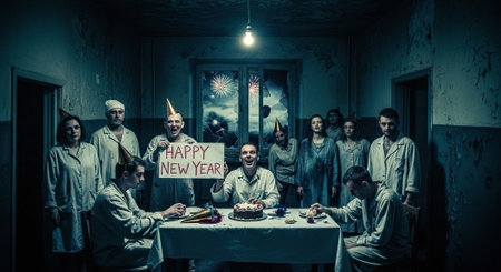 A group in a dim room, some in hospital gowns, gathers around a table with a cake. one holds a sign saying happy new year. the atmosphere is eerie with fireworks visible through a window.の素材