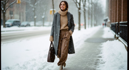 A woman walking in the snow on a city sidewalk, wearing a stylish winter outfit with a long coat and sweater, carrying a handbag, snowflakes falling around herの素材