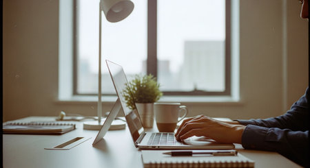 A person typing on a laptop at a modern desk with a plant and a coffee cup, natural light coming through a windowの素材