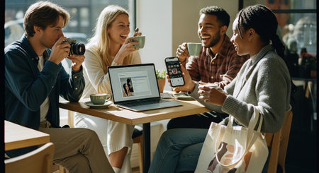 Four friends enjoying coffee at a cafe, engaging with technology, one using a laptop and another showing a smartphone, cheerful atmosphereの素材