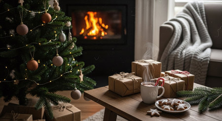 A cozy Christmas scene featuring a decorated tree, wrapped gifts, a steaming cup of hot chocolate with a candy cane, and cookies on a wooden table, with a fireplace in the backgroundの素材