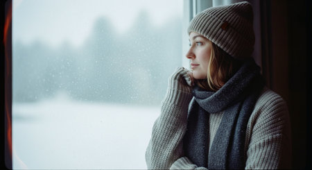 A woman in a cozy sweater and beanie gazes thoughtfully out a window during a snowy day, with soft natural light illuminating her faceの素材