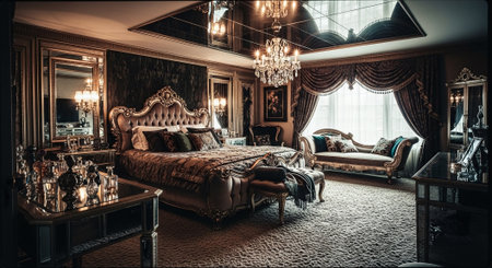 Luxurious bedroom with ornate decor, featuring a large bed, elegant mirrors, chandeliers, and a plush sofaの素材