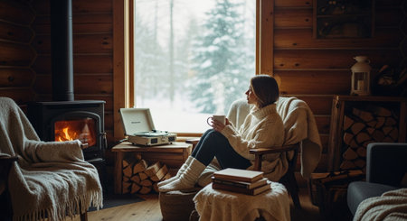 A woman sitting in a cozy cabin, enjoying a warm drink by the fireplace, with a vintage record player nearby and snow visible outside the windowの素材