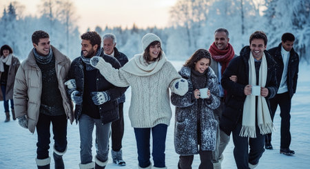 A group of friends walking together in a snowy landscape, wearing winter clothing and smiling, holding cups, with trees and a sunset in the backgroundの素材