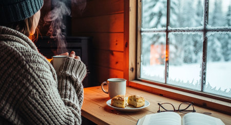 A cozy indoor scene featuring a person in a knitted sweater holding a steaming mug, sitting by a window with snow-covered trees outside, a plate of scones and an open book on the tableの素材