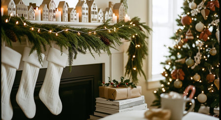 A cozy Christmas scene featuring a decorated fireplace with stockings, a garland, and a Christmas tree adorned with ornaments and lightsの素材