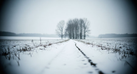 A snowy landscape with a path leading towards a line of trees in the distance, creating a serene winter sceneの素材