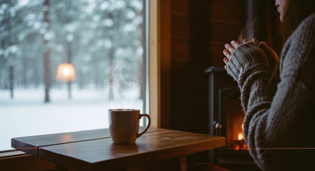 A cozy indoor scene with a person holding a steaming mug of coffee, sitting by a window with a snowy landscape outside, a warm fireplace in the backgroundの素材