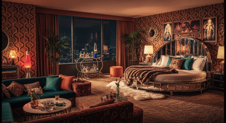 A luxurious retro-style hotel room featuring a round bed, vintage decor, and a stunning city view at nightの素材