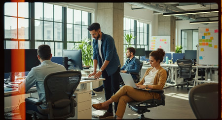 A modern office environment with people working at desks, one person standing and assisting another, bright natural light coming through large windowsの素材