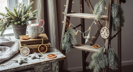 A cozy holiday scene featuring a wooden ladder adorned with greenery, ornaments, and dried orange slices, alongside a table with a mug of hot cocoa and candy canesの素材