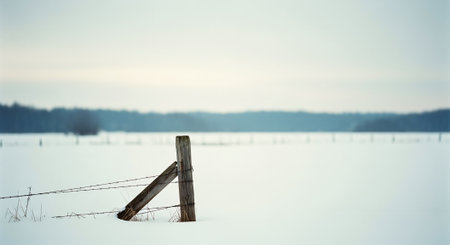 A serene winter landscape featuring a wooden fence post partially buried in snow, with a blurred background of trees and a cloudy skyの素材