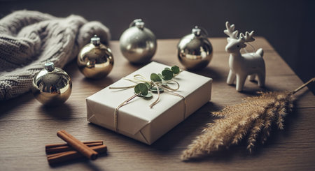 A beautifully wrapped gift box with a natural touch, surrounded by festive decorations including shiny ornaments, a decorative reindeer, and dried pampas grass, evoking a cozy holiday atmosphereの素材