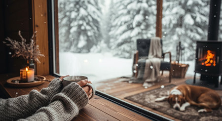 A cozy winter scene viewed from inside a cabin, featuring a person holding a cup, a warm fire, a dog resting on a rug, and snow-covered trees outsideの素材
