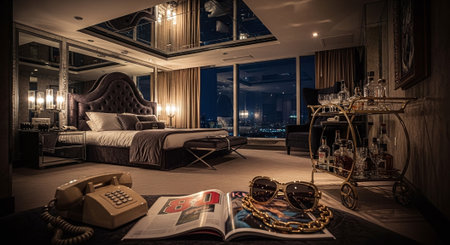 Luxurious hotel room at night with city view, elegant decor, plush bed, vintage telephone, sunglasses, magazine on table, bar cart with drinksの素材