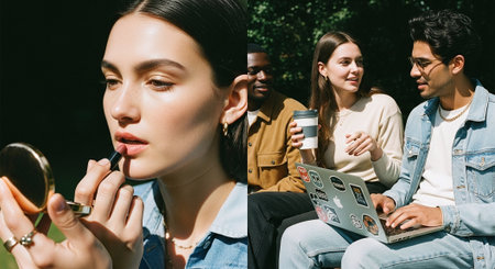 A young woman applying lipstick in a park, two friends chatting nearby, one holding a coffee cup, the other using a laptopの素材