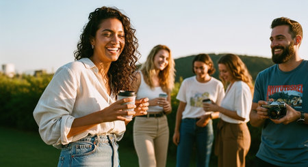 A group of friends enjoying a sunny day outdoors, laughing and holding coffee cups, with a scenic backgroundの素材