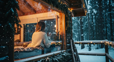 A cozy cabin in the woods during winter, with a woman sitting by the window holding a cup, snow falling outside, warm lights decorating the cabinの素材