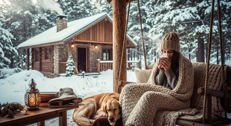 A woman wrapped in a cozy blanket sitting on a porch, holding a cup, with a golden retriever dog beside her, snow-covered cabin in the background, winter sceneの素材