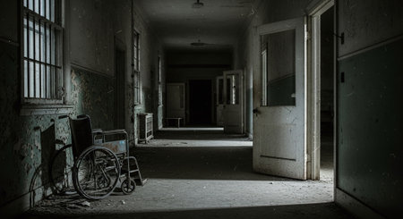 An abandoned hallway in a dilapidated building, featuring a wheelchair in the foreground, dim lighting, peeling paint on the walls, and an eerie atmosphereの素材